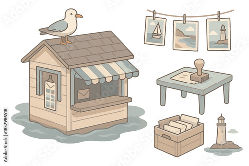 Seaside Post Office Icons. Isometric vector illustration set Ocean View Post Office: seaside kiosk, hanging postcards, seagull on