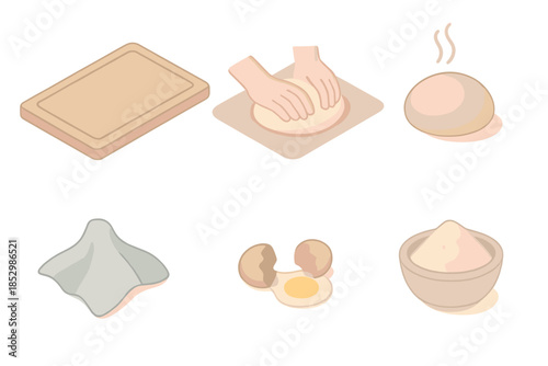 Early Baker's Essentials. Isometric vector illustration set Early Baker’s Table: kneading board, rolling dough, bowl of flour,