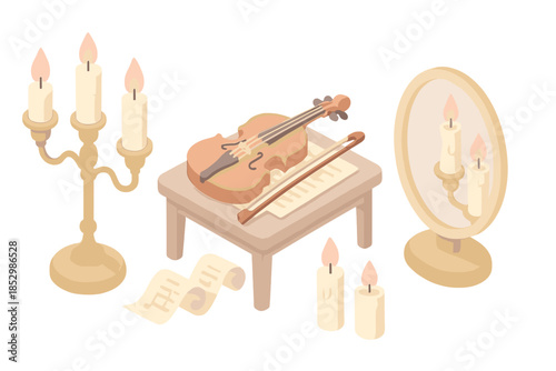 Waxlight Symphony Room. Isometric vector illustration set Waxlight Symphony Room: brass candelabra, burning candles, violin bow on