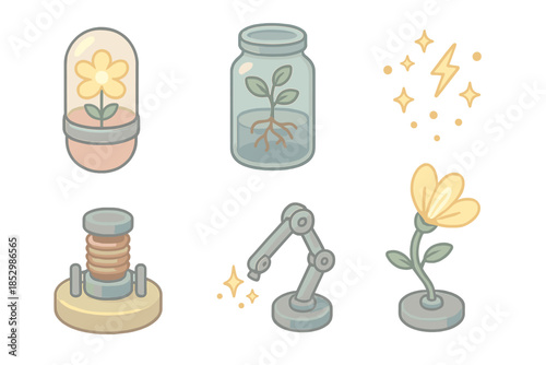 Dream Bloom Icon Set. Isometric vector illustration set of Dream Bloom Machine: energy capsule flower, glass jar with roots,