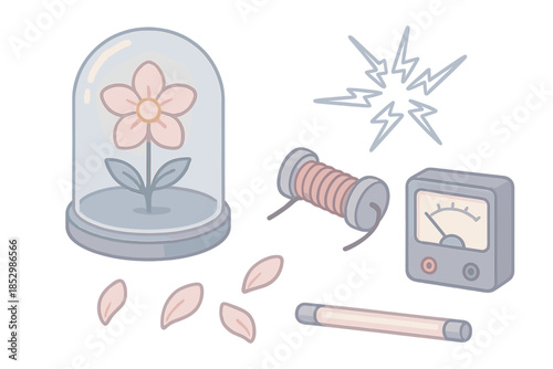 Electric Flower Lab. Isometric vector illustration set of Electric Flower Lab: glass dome with glowing flower, static electricity