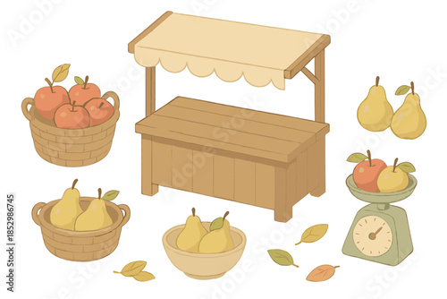 Seasonal Harvest Display. Isometric vector illustration set of Seasonal Harvest Stall: apples and pears in baskets, wooden counter