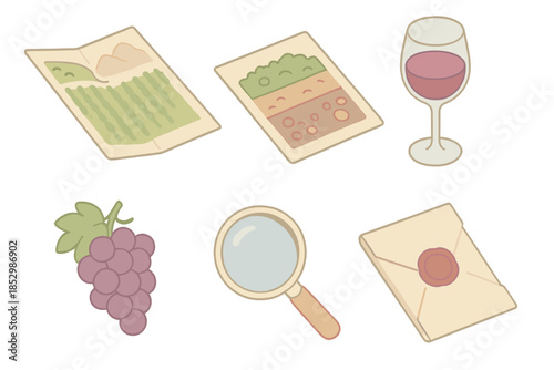 Vineyard Terroir Study Iconography. Isometric vector illustration set of Vineyard Terroir Study: vineyard map sheet, soil texture