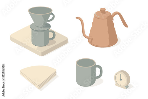 Contemporary Coffee Essentials. Isometric vector illustration set of Contemporary Brew Scene: matte ceramic dripper, minimalist