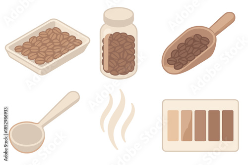 Coffee Roast Spectrum Icons. Isometric vector illustration set Roast Profile Spectrum: light roast beans on tray, medium roast in