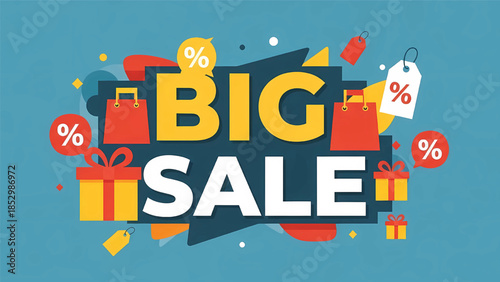 Vibrant 'BIG SALE' promotional illustration with shopping bags, gift boxes, and percentage discount tags on a blue background.