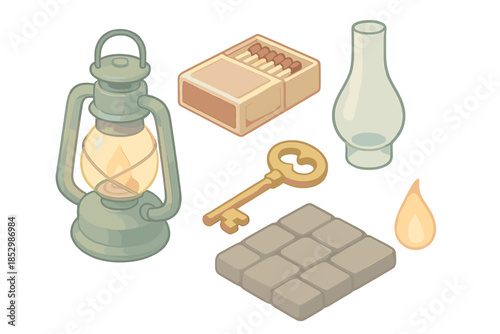 Lantern Keeper's Essentials. Isometric vector illustration set Lantern Keeper’s Tools: oil lamp, matchbox, glass chimney, brass