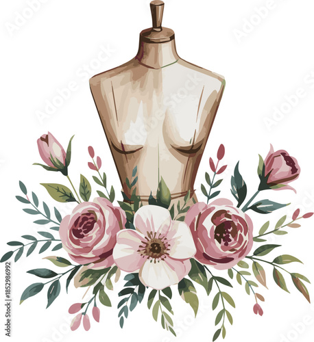 Create retro mannequin with flowers watercolor