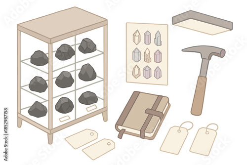 Geology Specimen Display. Isometric vector illustration set Geology Specimen Room: glass cabinet with obsidian samples, crystal