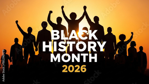 Black history month 2026 celebration with diverse group of people in silhouette against vibrant orange