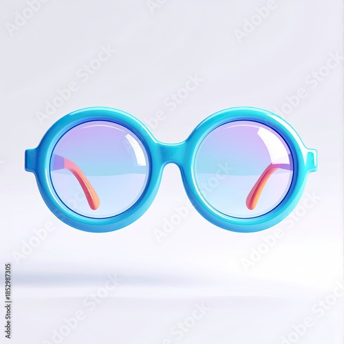 Round, cartoonish sunglasses with blue frames and colorful lenses