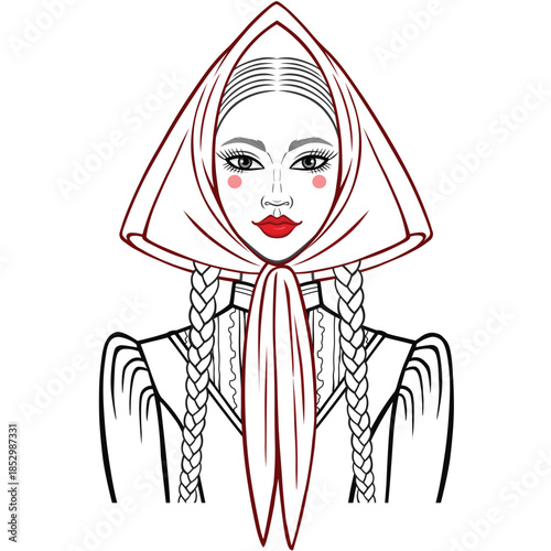 Linear drawing: a girl in old clothes. Vector illustration.