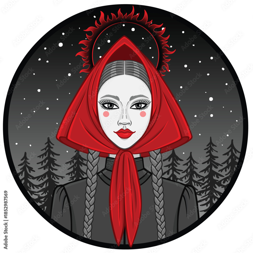 custom made wallpaper toronto digitalCartoon portrait: young girl in old clothes against the backdrop of a night forest. Vector illustration.