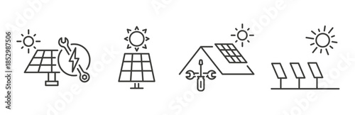 Set of Solar Panel icons. Clean energy technology. Solar electricity line art.