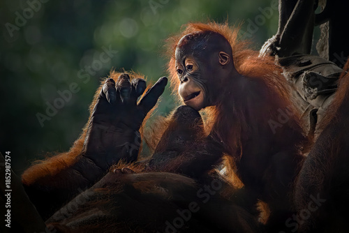Mother and orangutan cub
