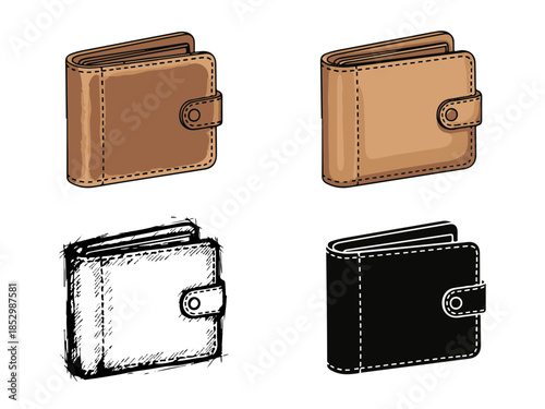 Collection of four different wallets in brown and black leather, showcasing different styles and a sketched version