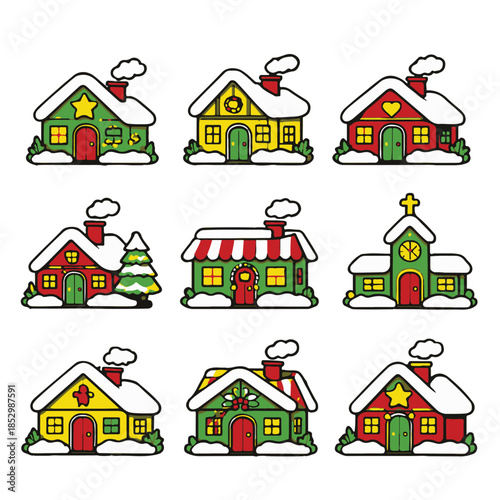 Minimal Christmas Village House Icon Set – Flat Holiday Vector Icons