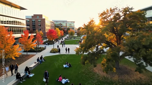 High-angle drone shot slowly revealing a modern, expansive university campus quad during the golden hour of a bright autumn afternoon modern architecture, high-angle drone shot, daylight