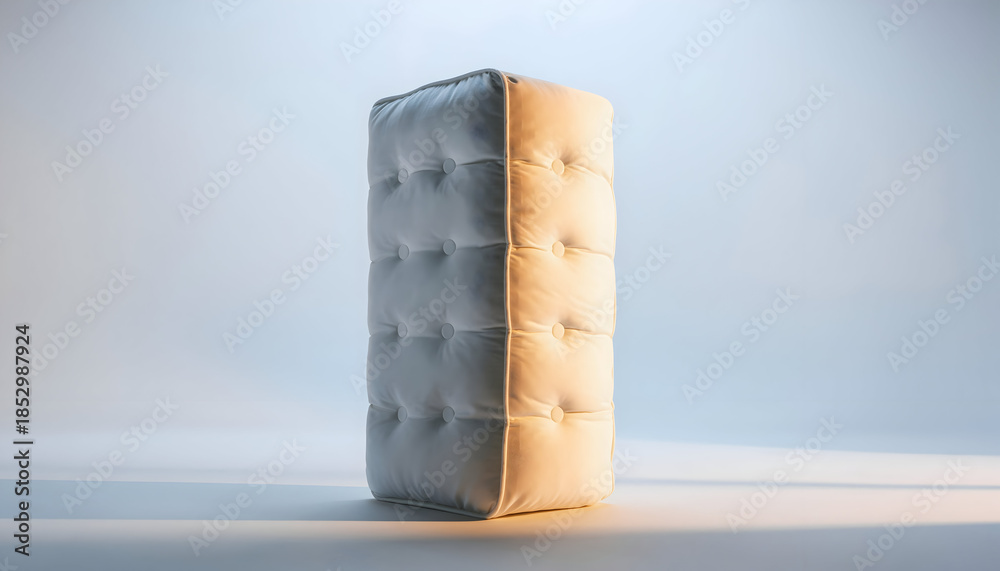 Fototapeta premium Studio Shot of a White Tufted Mattress Block Divided by Light and Shadow with Soft Lighting on a White Background and Subtle Shadows