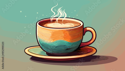 A steaming cup of coffee on a saucer, watercolor style.
