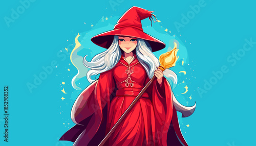 Enchanting Witch with Silver Hair and Fiery Staff in Red Robes.