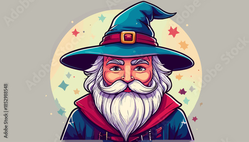 Cartoon Wizard Portrait with Pointed Hat and White Beard.