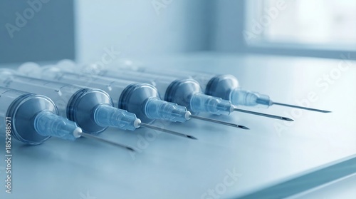 Macro shot of disposable hypodermic syringes in clinical setting medical equipment close-up sterile environment