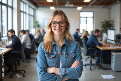 A smiling woman with glasses and a denim jacket stands confidently in a busy, modern office space.