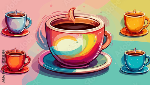 Colorful Coffee Cups - A Vibrant Collection of Hot Beverages.