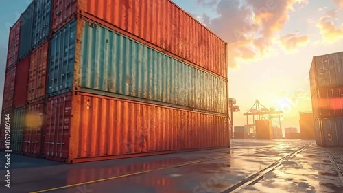Wallpaper Mural Stacked Shipping Containers in Industrial Harbor at Sunset with Dramatic Sky and Cranes Torontodigital.ca