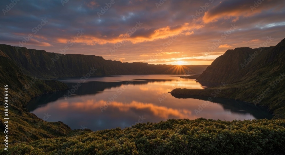 Obraz premium Sunset over a lake nestled in a valley, reflected in still water