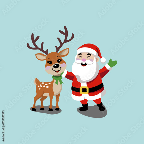 Vector graphic of a cute Santa Claus and reindeer with smiling expressions. This vector is perfect for templates, banners, stickers, decorations, t-shirt designs, and ID cards, among others.