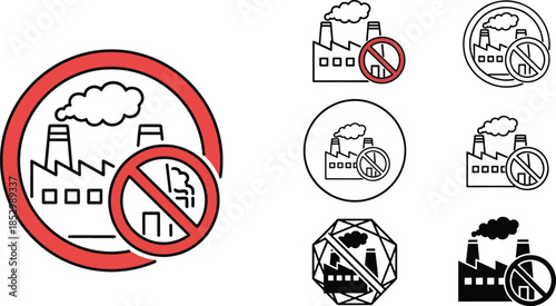 Industrial Factory Smoke with Prohibition Stop Sign Icon Set for Environmental Protection Air Pollution Control and Carbon Emission Reduction Concepts