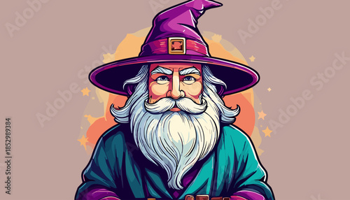 Cartoon Wizard with Purple Hat and White Beard Illustration.