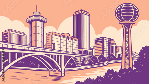 Knoxville skyline with sunsphere and bridge, ideal for tourism brochures, website banners, editorial publications, and travelrelated designs.