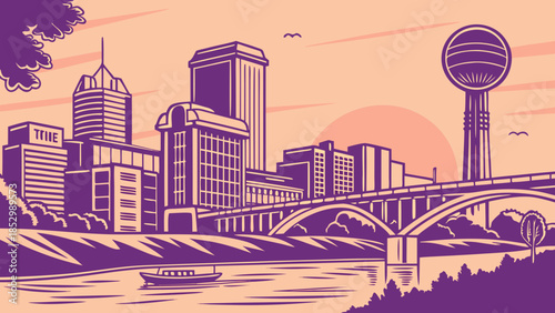 Knoxville skyline art of tennessee, showcasing sunsphere bridge and colorful sky. Ideal for travel brochures and citythemed designs.