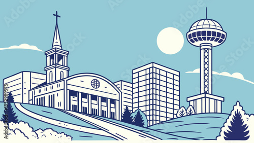Knoxville skyline with sunsphere, church tower, trees, and lookout, artistically rendered. Perfect for showcasing tennessee cityscapes in a creative way.