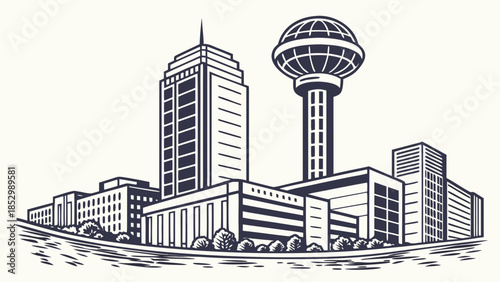 Knoxville skyline showcases tower and cityscape. Ideal for travel brochures, website banners, magazine articles about tennessee, or tennesseethemed designs.