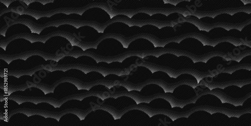 Abstract black halftone pattern background with curved gradient dots forming wave-like shapes, minimal monochrome vector texture