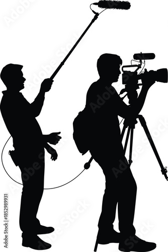 Sound recordist with boom microphone and camera operator filming documentary scene silhouette vector illustration for professional video production concept