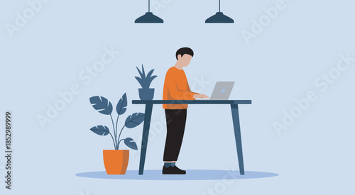 Professional using laptop at standing desk in modern minimalist office, remote work and productivity concept, flexible workspace, healthy lifestyle, digital nomad, and home office design