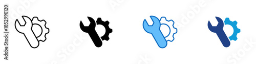 System Maintenance Multiple Style Icon Design Vector - Wrench and gear symbol representing system maintenance, repair, and technical support operations