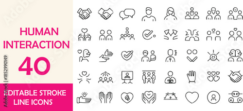 Social Interaction Line Icons Pack  40 Editable Stroke Human Connection Symbols