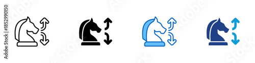 Strategy Move Multiple Style Icon Design Vector - Chess knight with directional arrows representing strategic planning and tactical movement