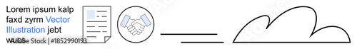 Digital workflow, document sharing, cloud data, online agreements, teamwork strategies, business communication. A document, handshake icon and cloud. Workflow and document sharing concept