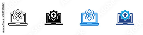 System Upgrade Multiple Style Icon Design Vector - Laptop with gear and upward arrow representing system upgrade and performance improvement