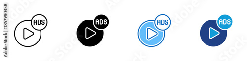 Video Ads Multiple Style Icon Design Vector - Play button with advertising badge representing video advertising and media promotion