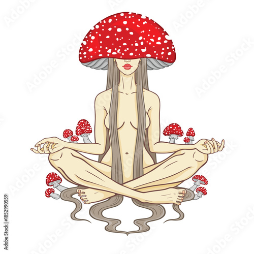 Girl in meditation with a fly agaric on her head. Vector illustration.