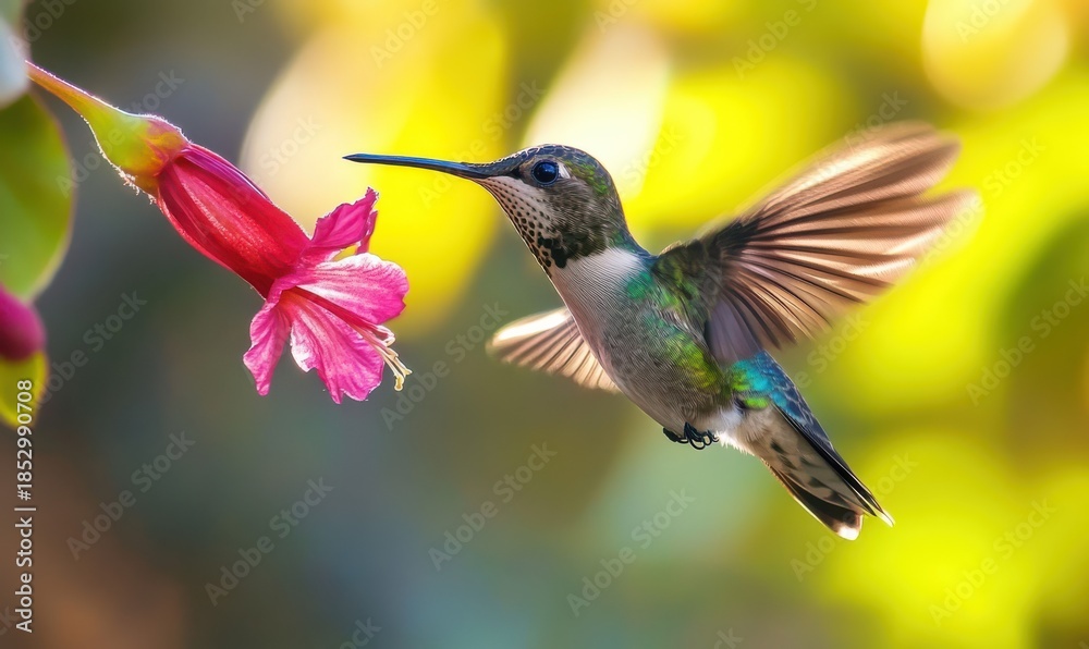 Obraz premium High-speed close-up of a hummingbird hovering near a bright pink flower, delicate wings beating rapidly, sunlight illuminating iridescent feathers