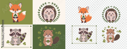 Cute cartoon fox, hedgehog, raccoon, and beaver animals hold shamrocks for good luck celebration